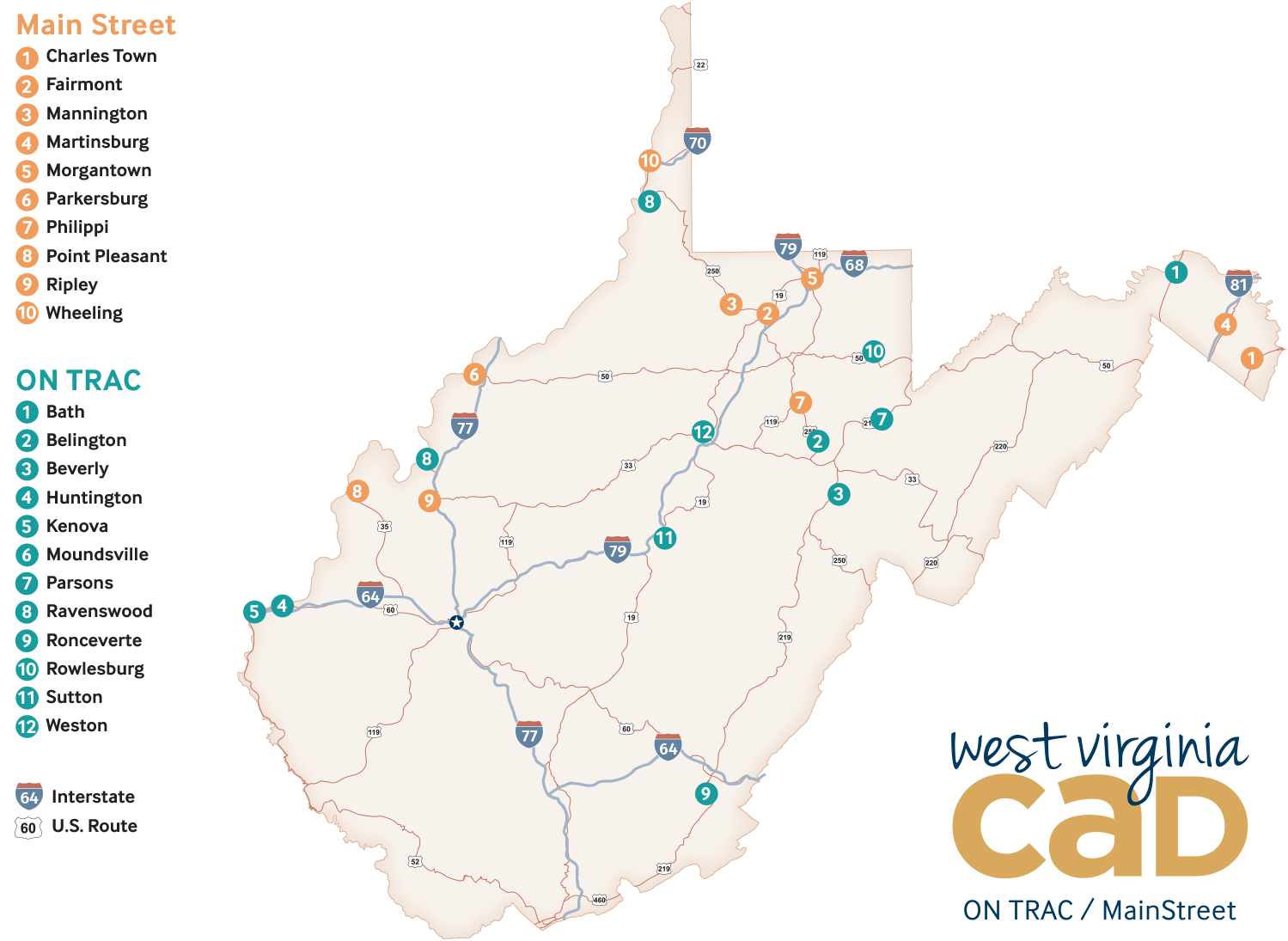 Main Street WV and ON TRAC map